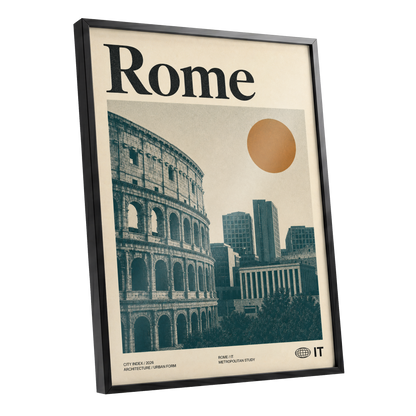 Rome, Then and Now, beige, green, orange minimalist wall art shown as a black framed poster wall art print