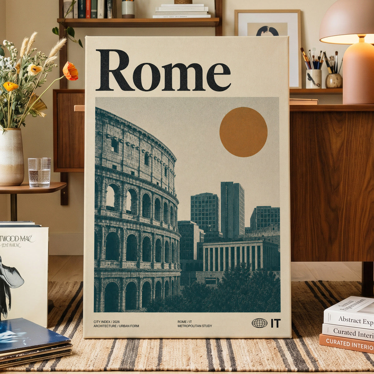 Rome, Then and Now, beige, green, orange minimalist wall art on canvas displayed in a styled interior, gallery view 1