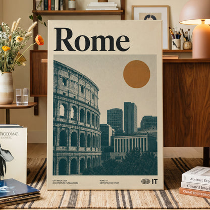 Rome, Then and Now, beige, green, orange minimalist wall art on canvas displayed in a styled interior, gallery view 1