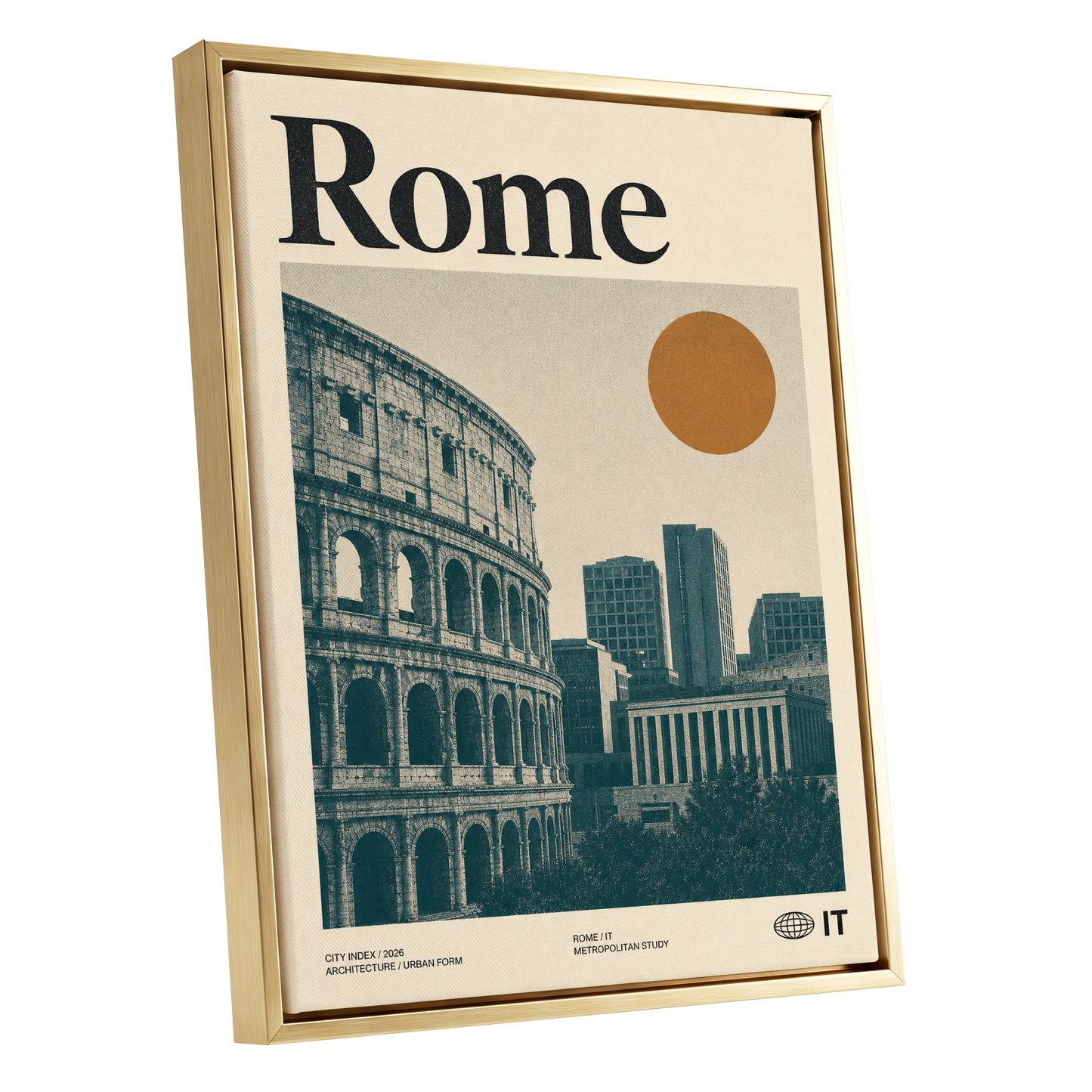 Rome, Then and Now, beige, green, orange minimalist wall art shown as a gold framed canvas wall art