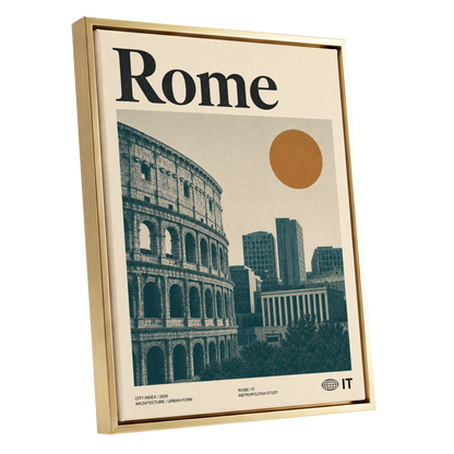 Rome, Then and Now, beige, green, orange minimalist wall art shown as a gold framed canvas wall art