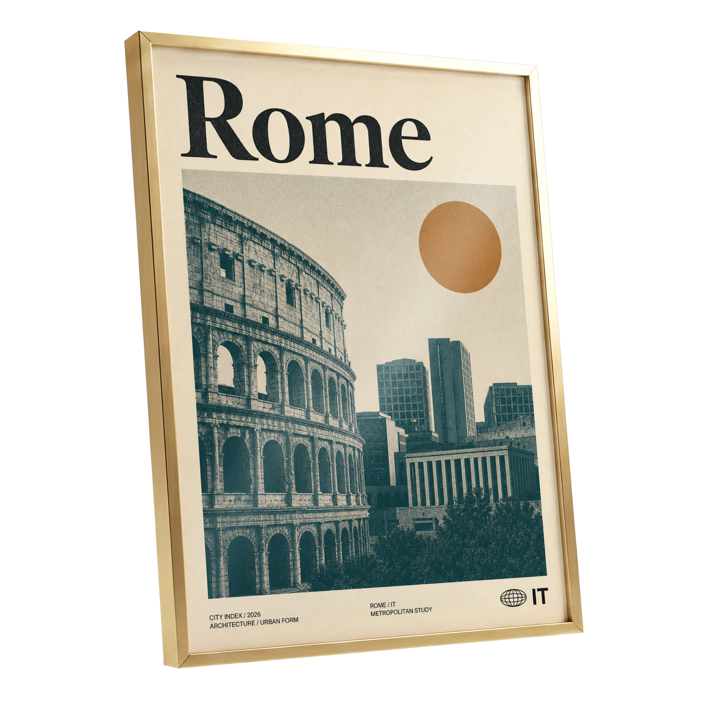 Rome, Then and Now, beige, green, orange minimalist wall art shown as a gold framed poster wall art print