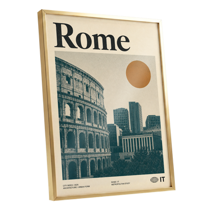 Rome, Then and Now, beige, green, orange minimalist wall art shown as a gold framed poster wall art print