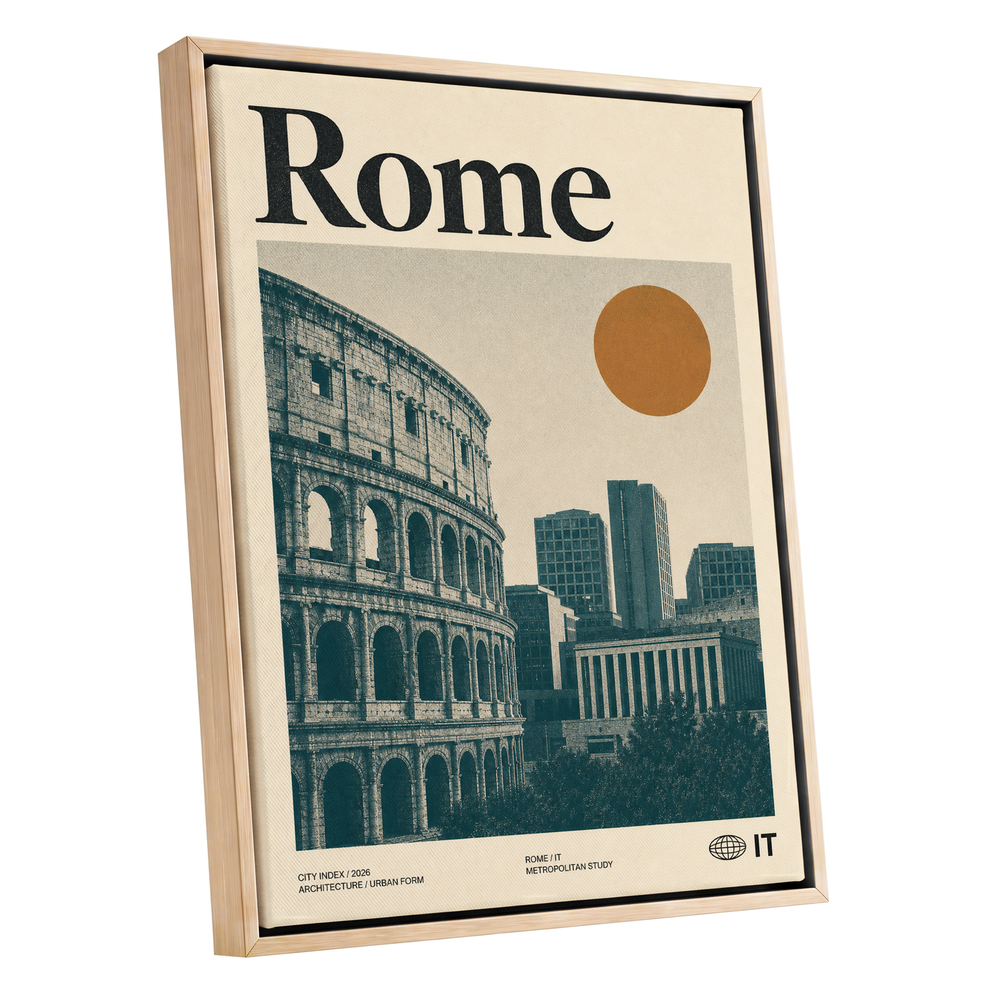 Rome, Then and Now, beige, green, orange minimalist wall art shown as a oak framed canvas wall art