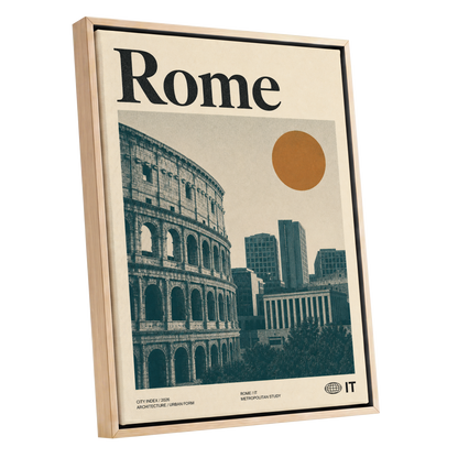 Rome, Then and Now, beige, green, orange minimalist wall art shown as a oak framed canvas wall art