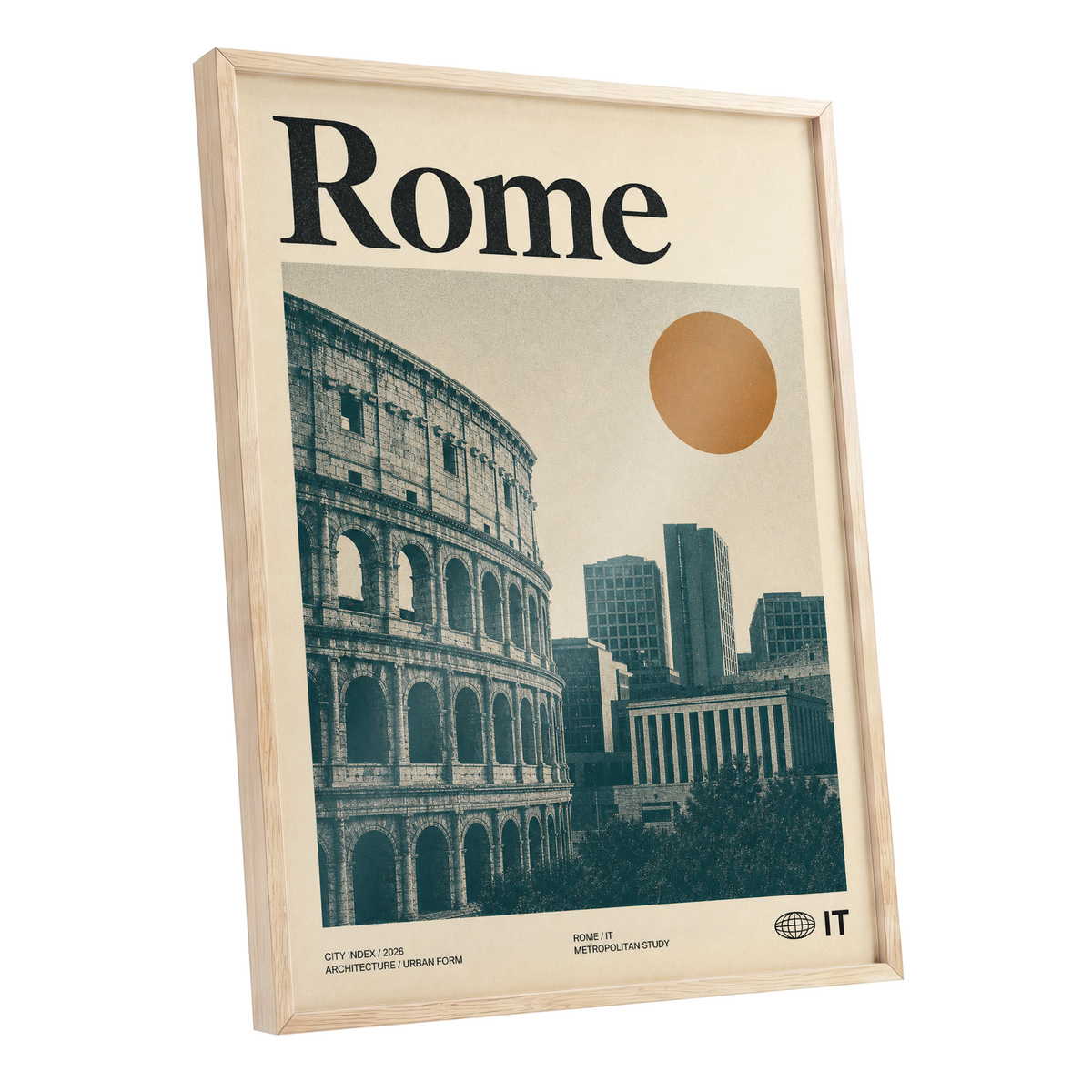 Rome, Then and Now, beige, green, orange minimalist wall art shown as a oak framed poster wall art print