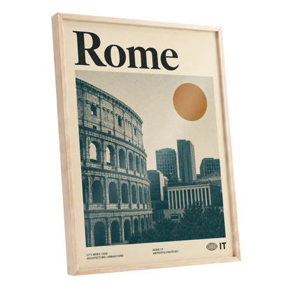 Rome, Then and Now, beige, green, orange minimalist wall art shown as a oak framed poster wall art print