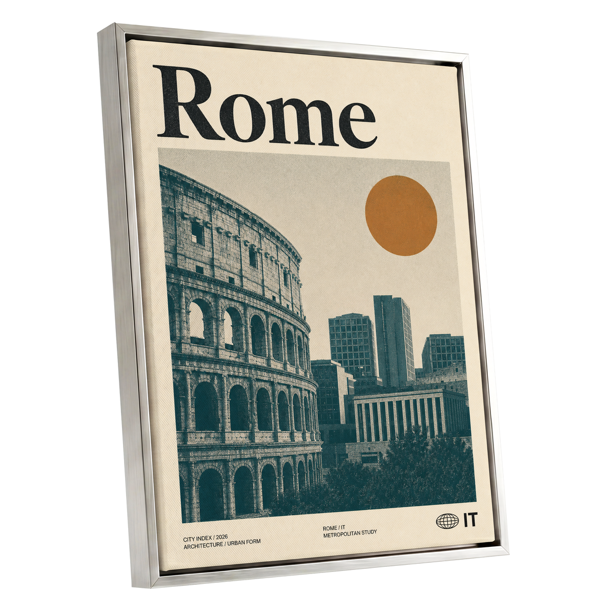 Rome, Then and Now, beige, green, orange minimalist wall art shown as a silver framed canvas wall art