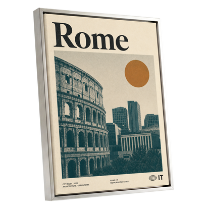 Rome, Then and Now, beige, green, orange minimalist wall art shown as a silver framed canvas wall art