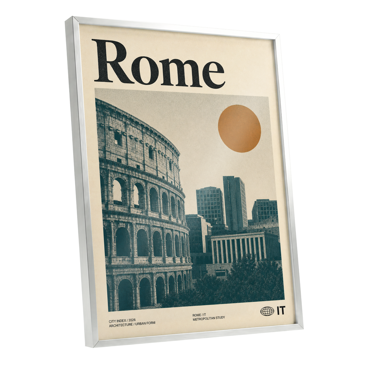 Rome, Then and Now, beige, green, orange minimalist wall art shown as a silver framed poster wall art print