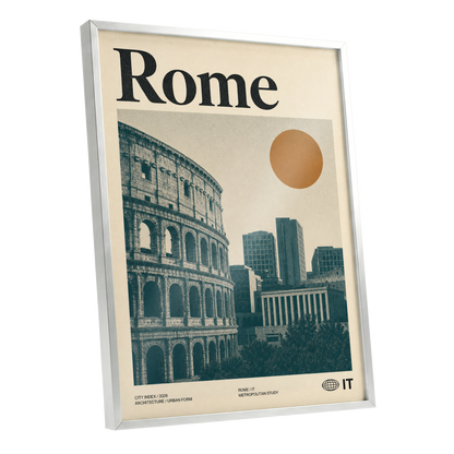 Rome, Then and Now, beige, green, orange minimalist wall art shown as a silver framed poster wall art print