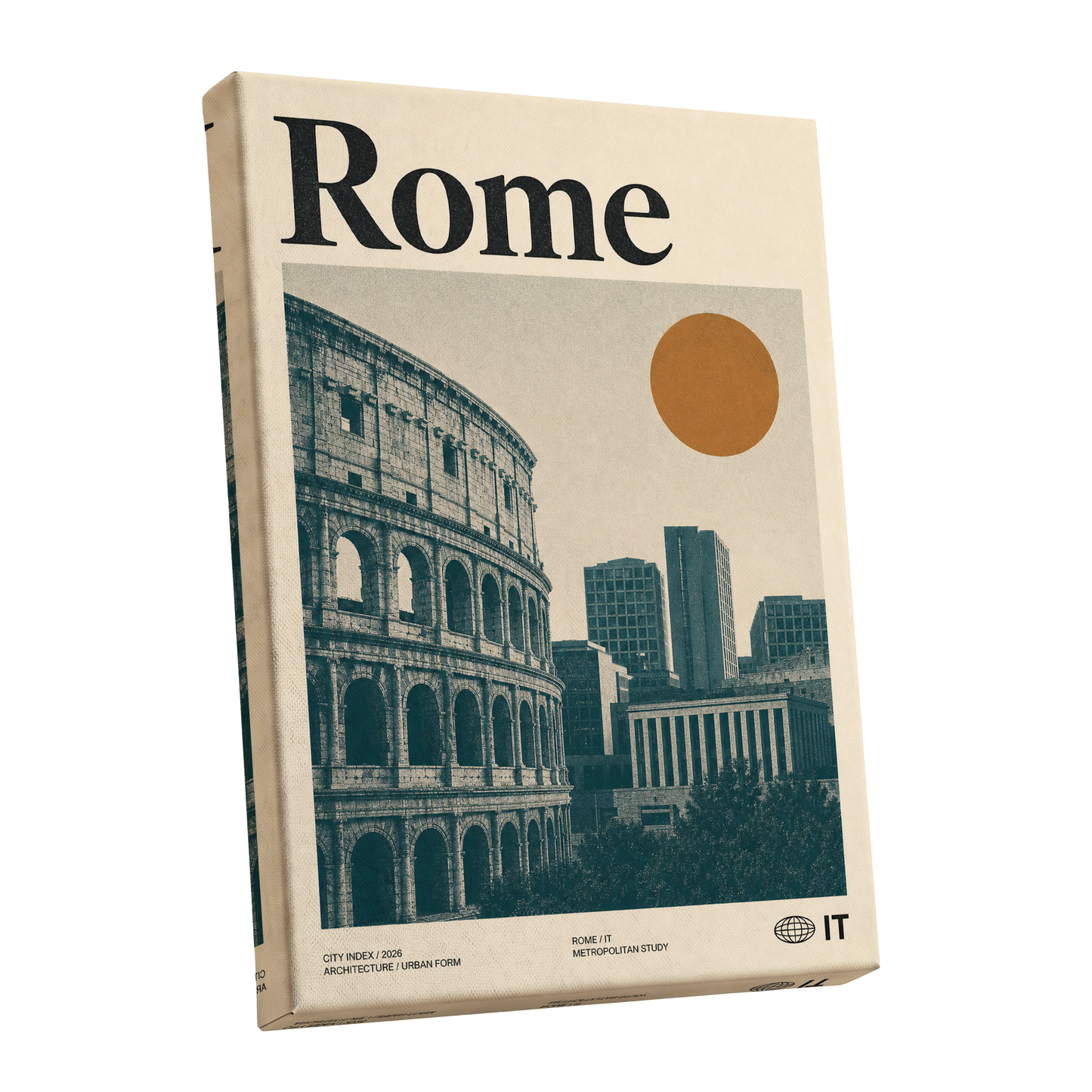 Rome, Then and Now, beige, green, orange minimalist wall art shown as a stretched canvas wall art