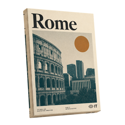 Rome, Then and Now, beige, green, orange minimalist wall art shown as a stretched canvas wall art