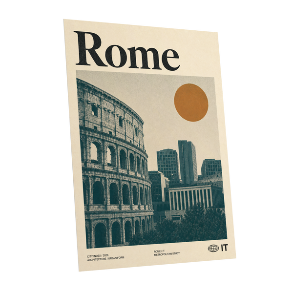 Rome, Then and Now, beige, green, orange minimalist wall art shown as a unframed poster wall art print