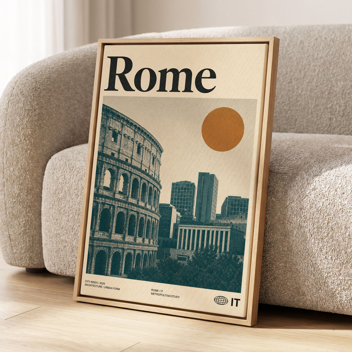Rome, Then and Now, beige, green, orange minimalist wall art displayed in a styled interior, gallery view 1
