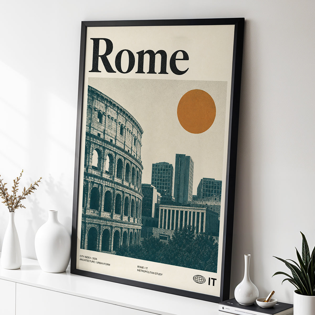Rome, Then and Now, beige, green, orange minimalist wall art displayed in a styled interior, gallery view 2