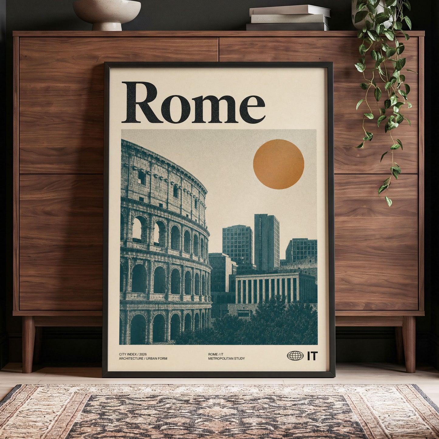 Rome, Then and Now, beige, green, orange minimalist wall art displayed in a styled interior, gallery view 4