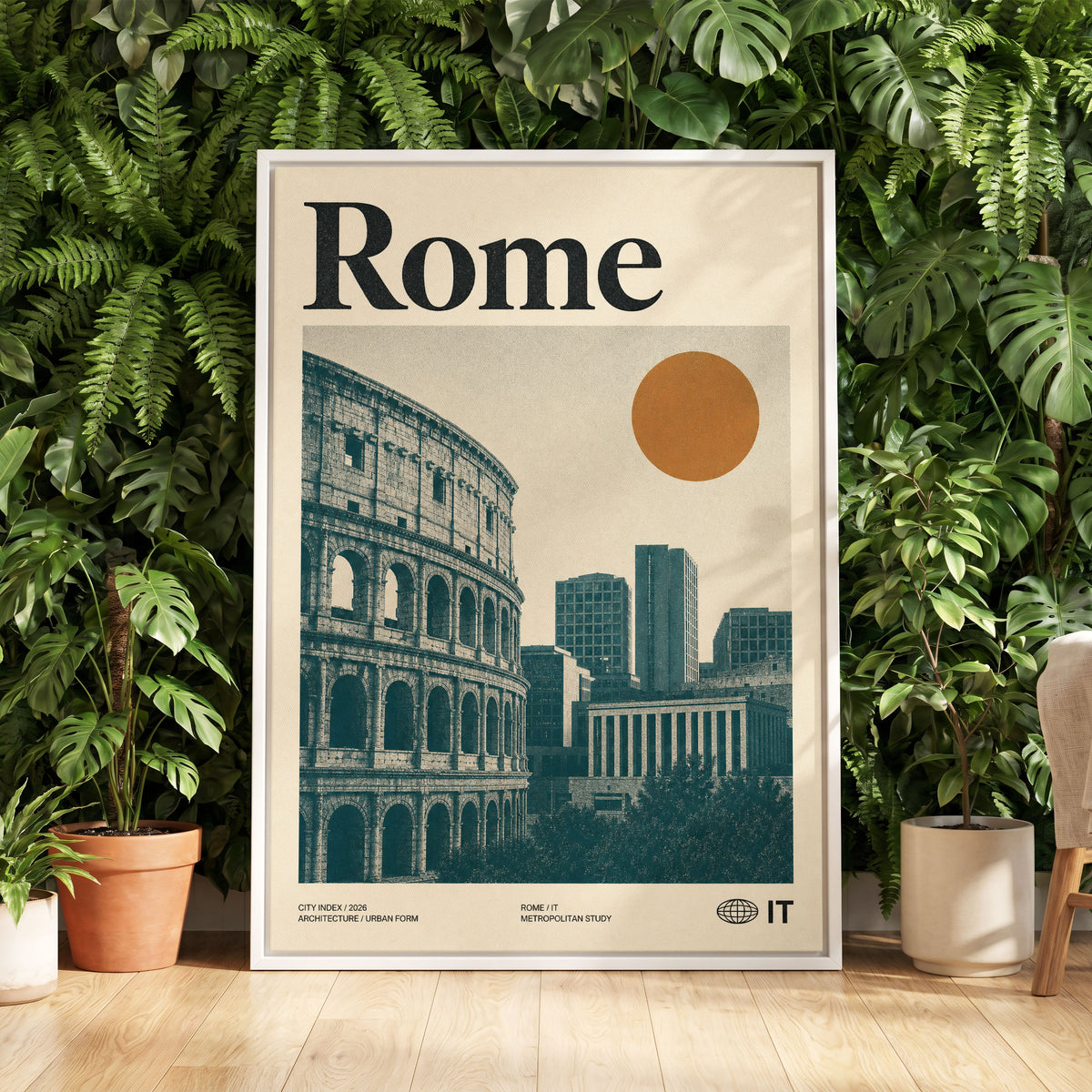 Rome, Then and Now, beige, green, orange minimalist wall art displayed in a styled interior, gallery view 5