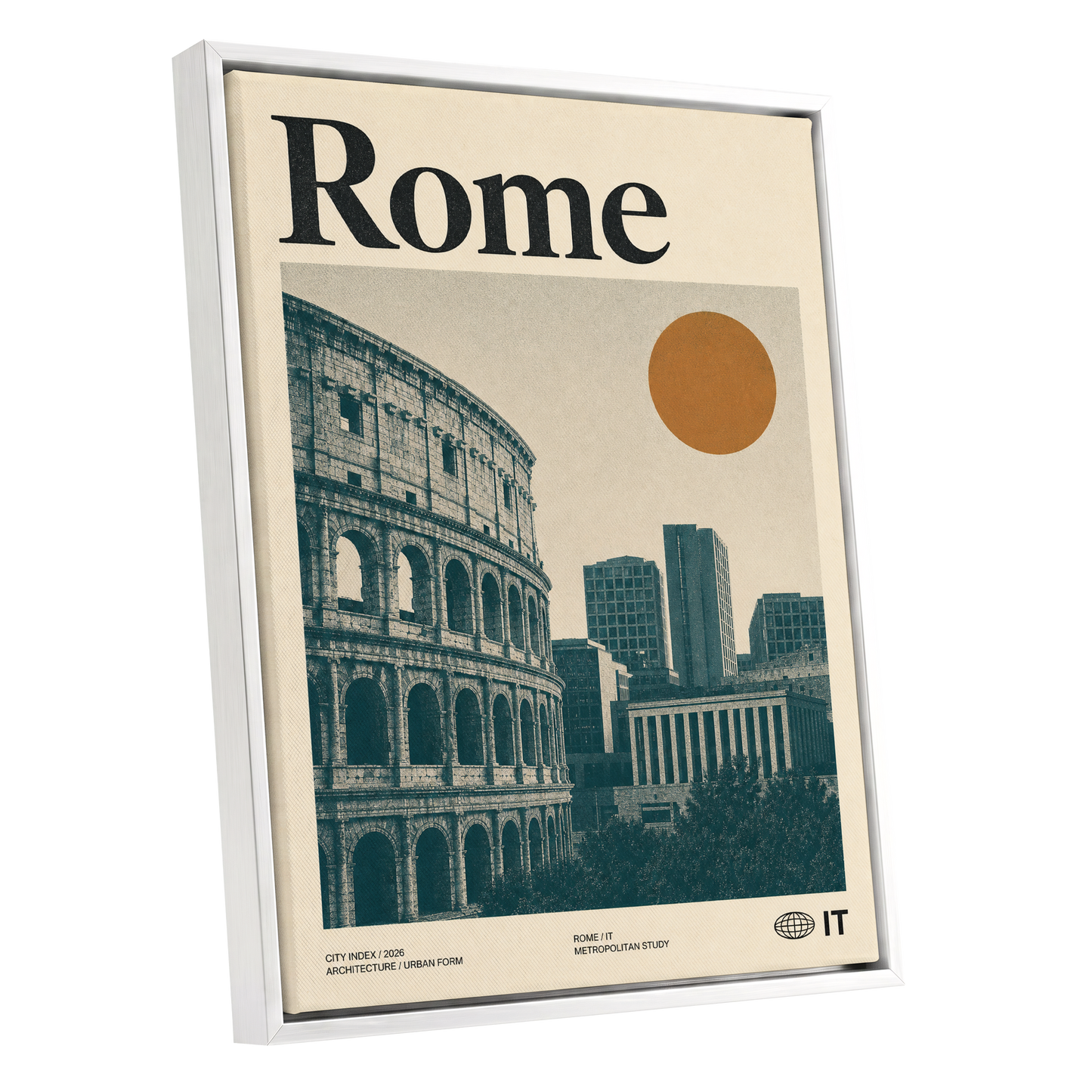 Rome, Then and Now, beige, green, orange minimalist wall art shown as a white framed canvas wall art