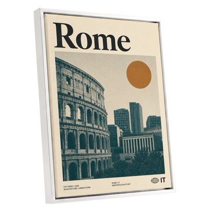 Rome, Then and Now, beige, green, orange minimalist wall art shown as a white framed canvas wall art