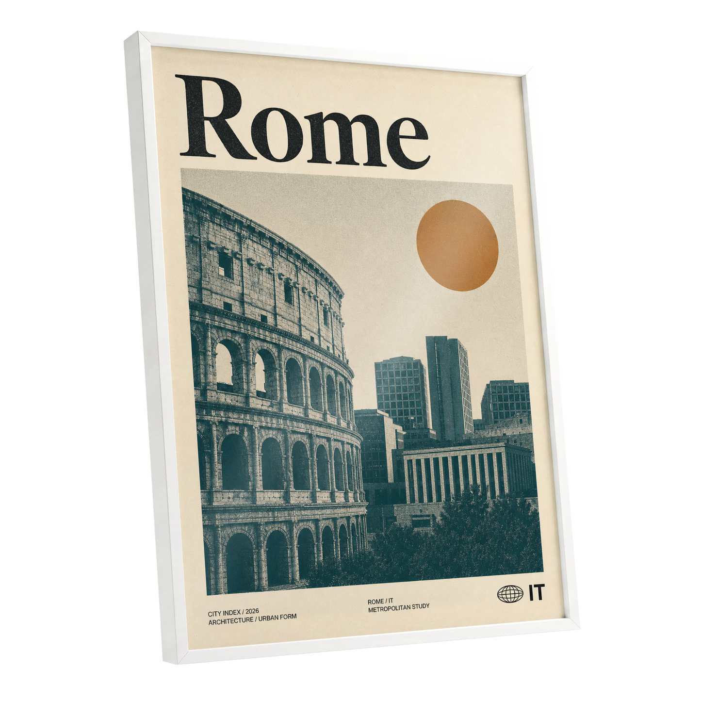Rome, Then and Now, beige, green, orange minimalist wall art shown as a white framed poster wall art print