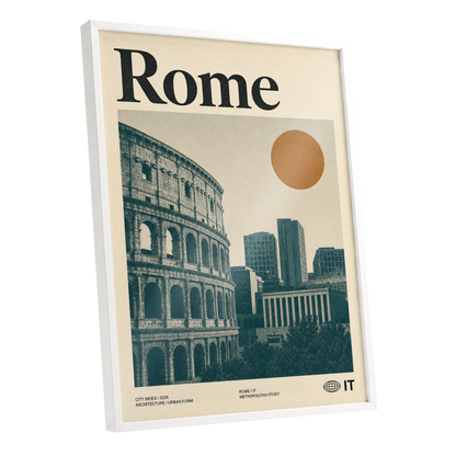 Rome, Then and Now, beige, green, orange minimalist wall art shown as a white framed poster wall art print