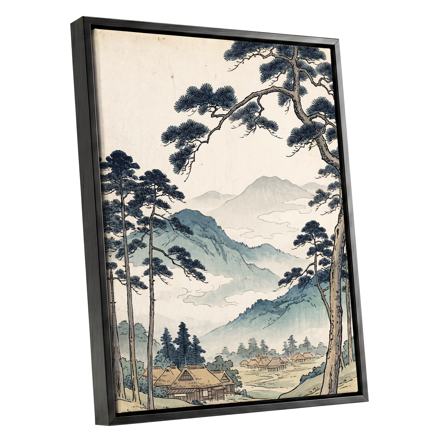 Roofs Beneath Blue Ridges, blue, beige, black nature wall art shown as a black framed canvas wall art