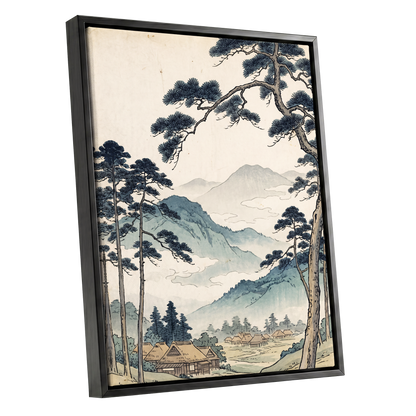 Roofs Beneath Blue Ridges, blue, beige, black nature wall art shown as a black framed canvas wall art