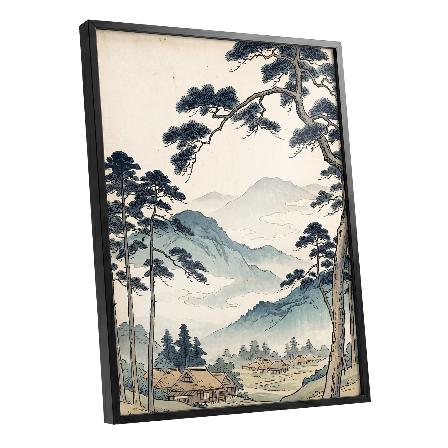 Roofs Beneath Blue Ridges, blue, beige, black nature wall art shown as a black framed poster wall art print