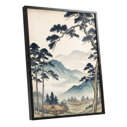 Roofs Beneath Blue Ridges, blue, beige, black nature wall art shown as a black framed poster wall art print