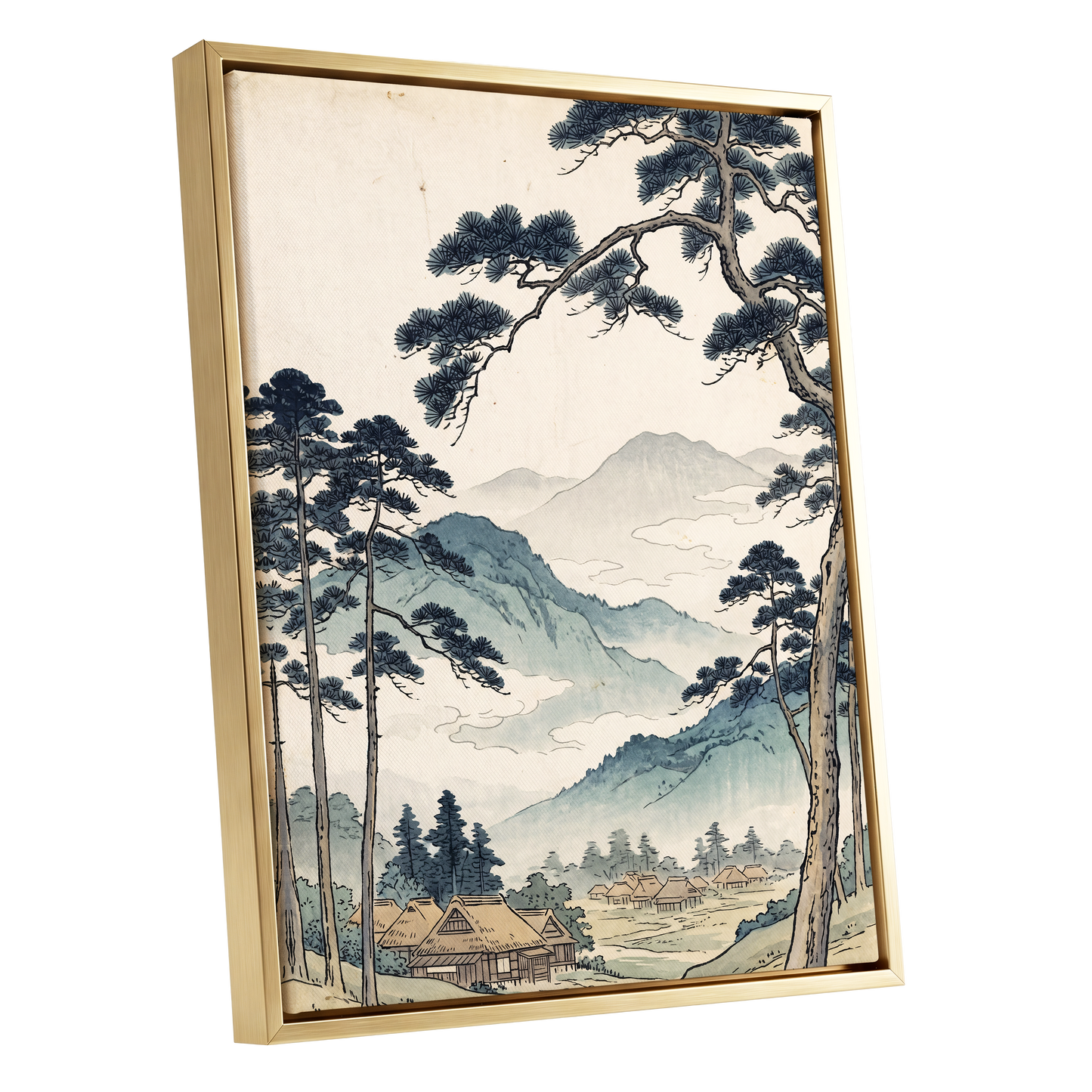 Roofs Beneath Blue Ridges, blue, beige, black nature wall art shown as a gold framed canvas wall art
