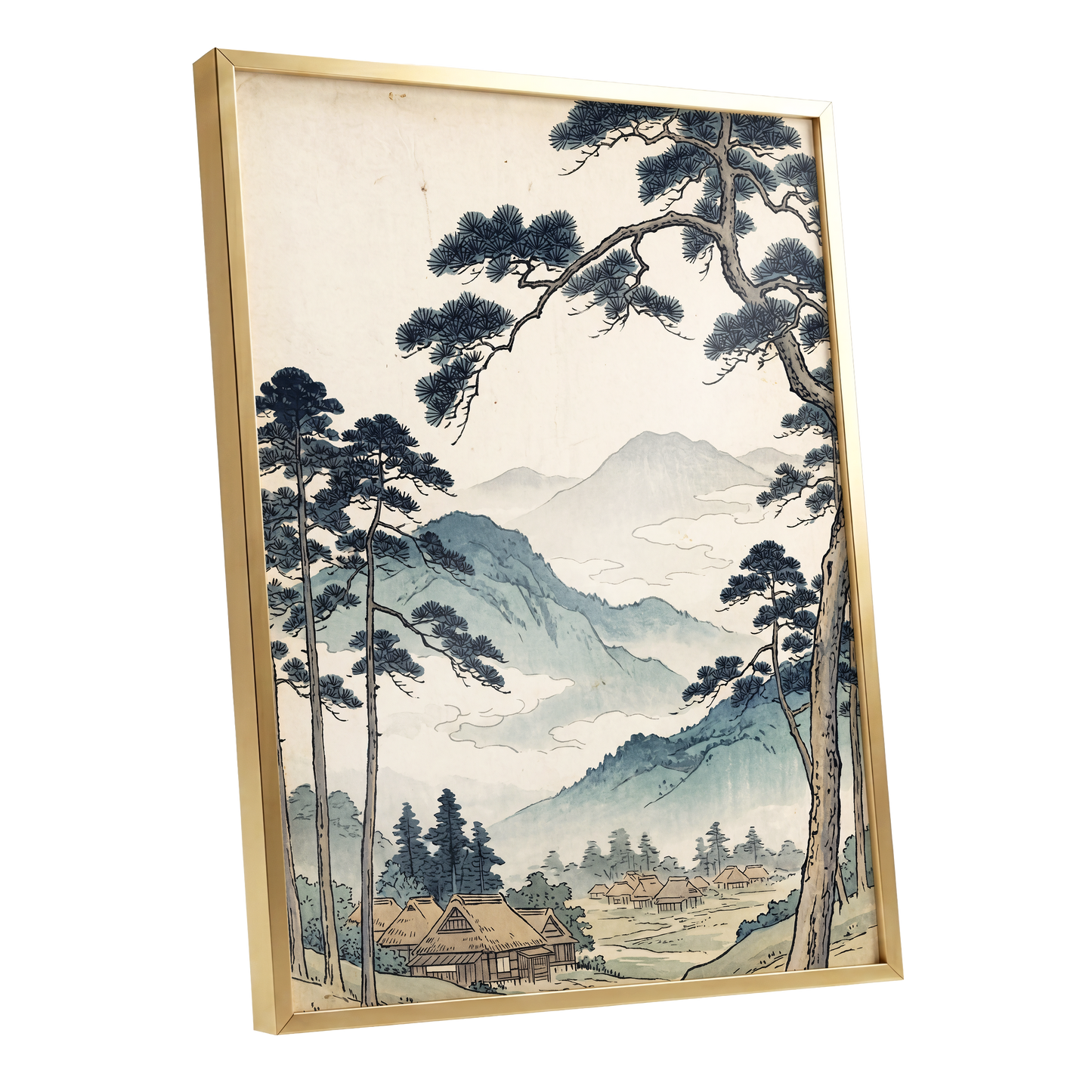 Roofs Beneath Blue Ridges, blue, beige, black nature wall art shown as a gold framed poster wall art print