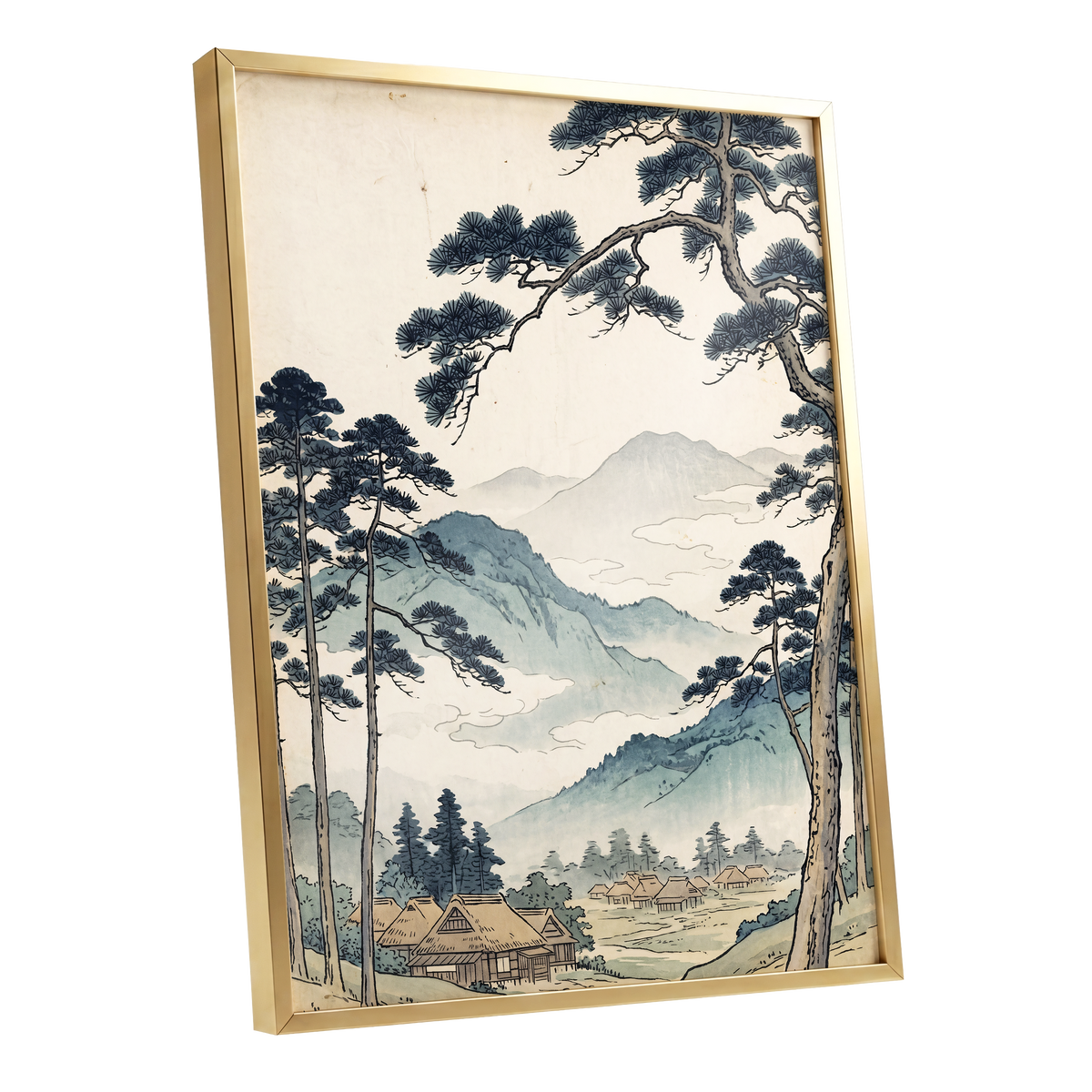 Roofs Beneath Blue Ridges, blue, beige, black nature wall art shown as a gold framed poster wall art print