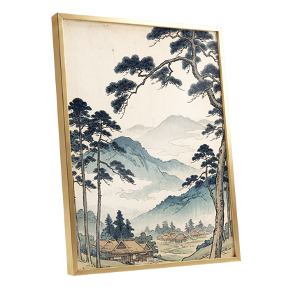Roofs Beneath Blue Ridges, blue, beige, black nature wall art shown as a gold framed poster wall art print