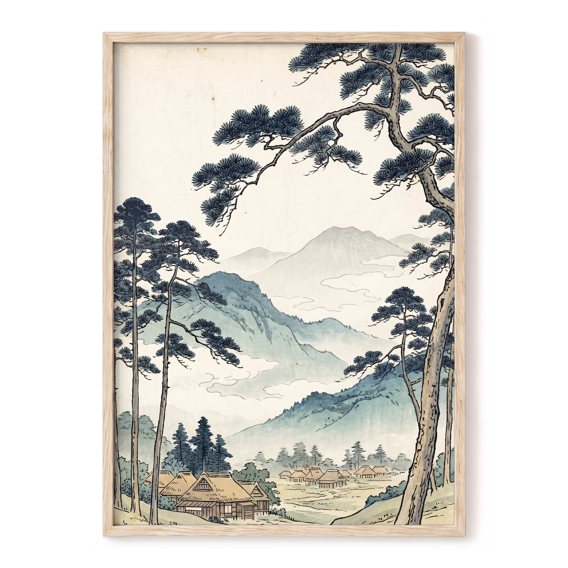 Roofs Beneath Blue Ridges, blue, beige, black nature wall art, front artwork view