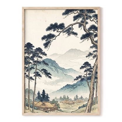 Roofs Beneath Blue Ridges, blue, beige, black nature wall art, front artwork view
