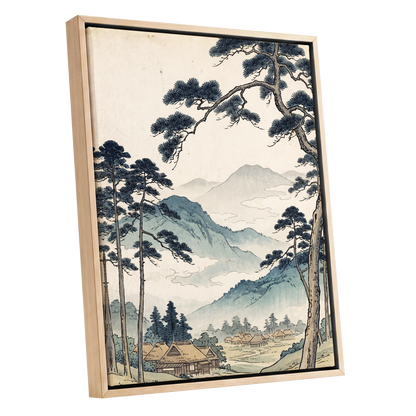 Roofs Beneath Blue Ridges, blue, beige, black nature wall art shown as a oak framed canvas wall art