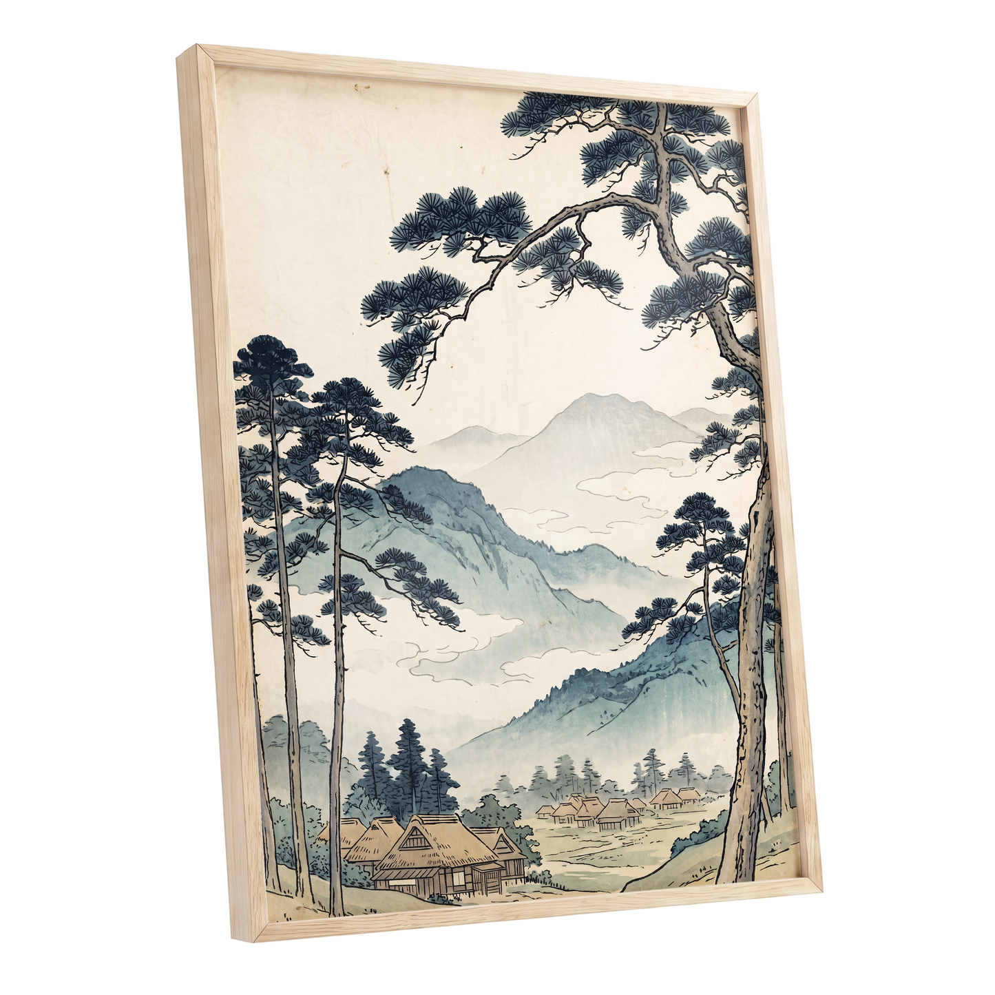 Roofs Beneath Blue Ridges, blue, beige, black nature wall art shown as a oak framed poster wall art print