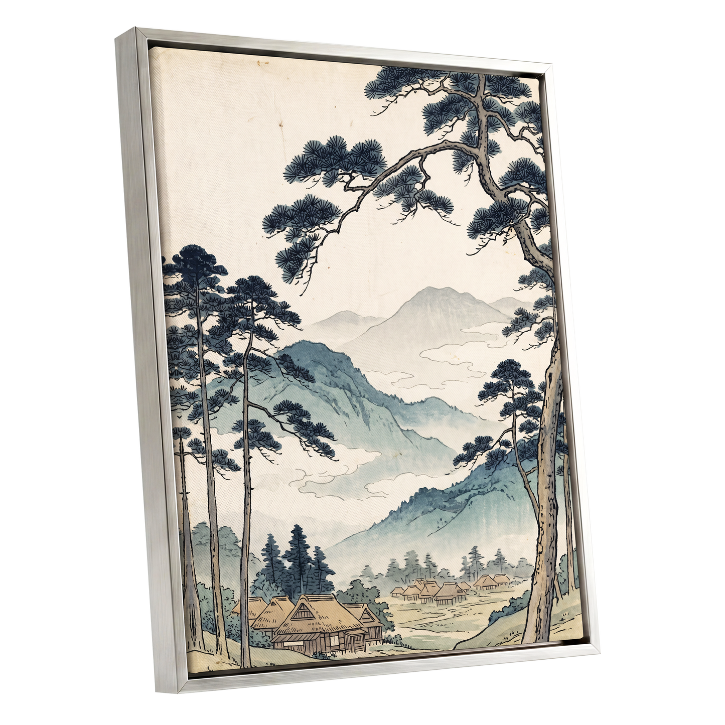 Roofs Beneath Blue Ridges, blue, beige, black nature wall art shown as a silver framed canvas wall art