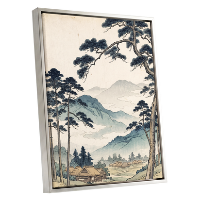 Roofs Beneath Blue Ridges, blue, beige, black nature wall art shown as a silver framed canvas wall art