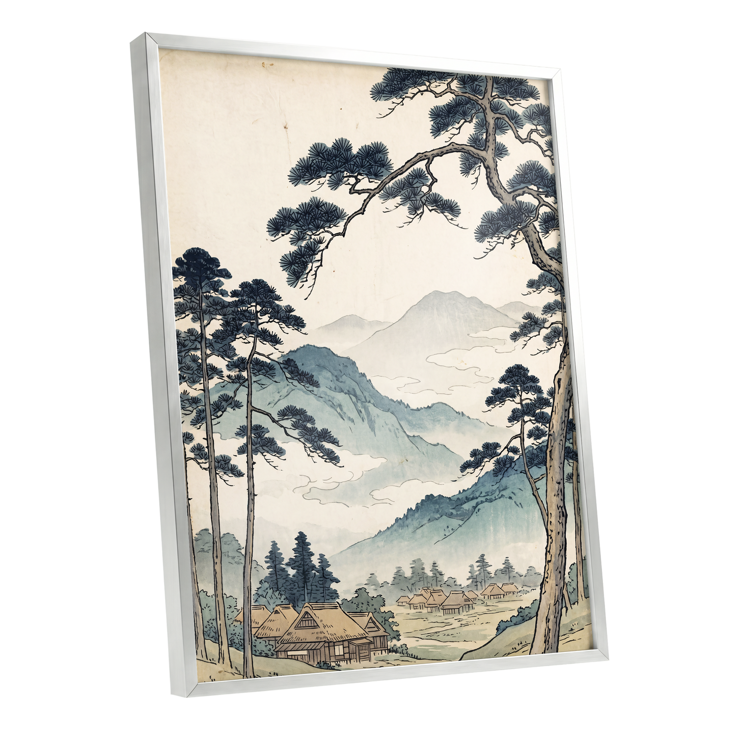 Roofs Beneath Blue Ridges, blue, beige, black nature wall art shown as a silver framed poster wall art print