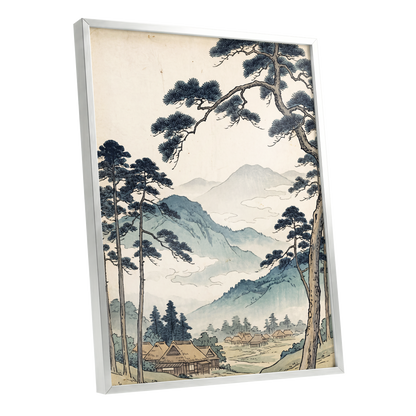 Roofs Beneath Blue Ridges, blue, beige, black nature wall art shown as a silver framed poster wall art print