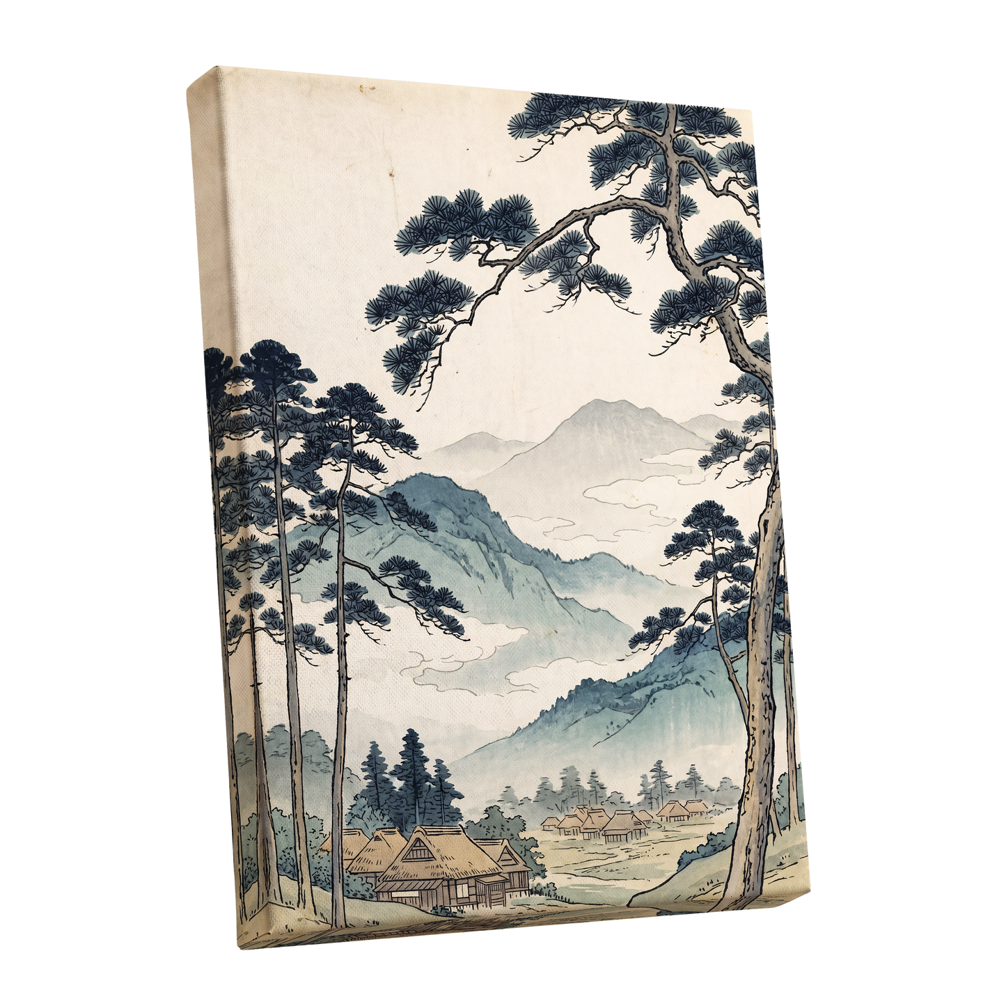 Roofs Beneath Blue Ridges, blue, beige, black nature wall art shown as a stretched canvas wall art