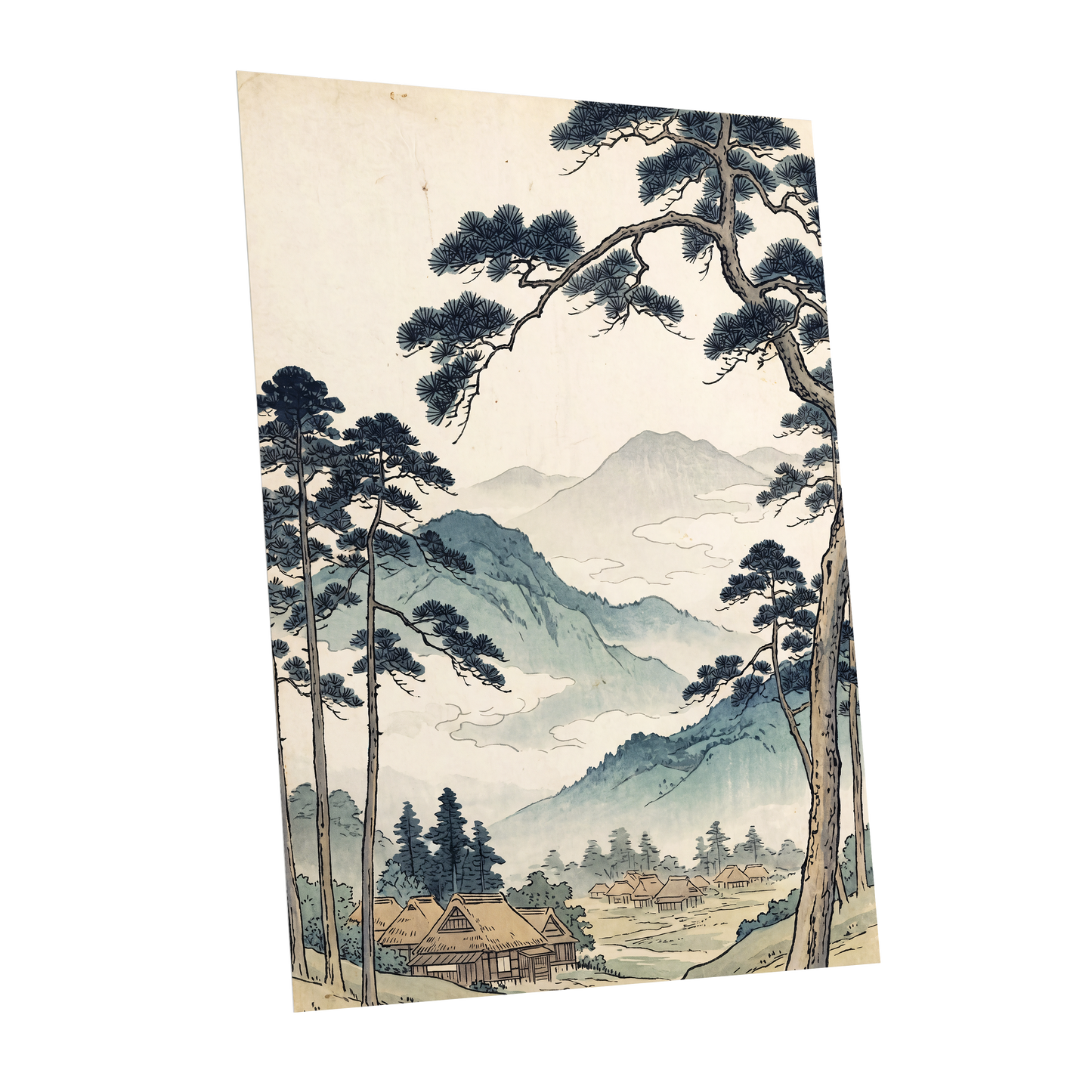 Roofs Beneath Blue Ridges, blue, beige, black nature wall art shown as a unframed poster wall art print