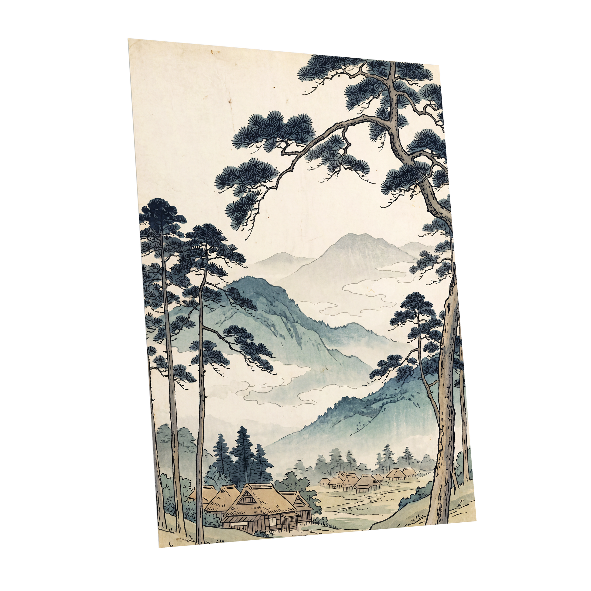 Roofs Beneath Blue Ridges, blue, beige, black nature wall art shown as a unframed poster wall art print