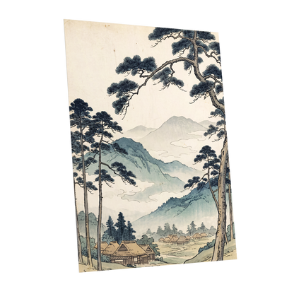 Roofs Beneath Blue Ridges, blue, beige, black nature wall art shown as a unframed poster wall art print
