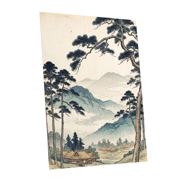 Roofs Beneath Blue Ridges, blue, beige, black nature wall art shown as a unframed poster wall art print