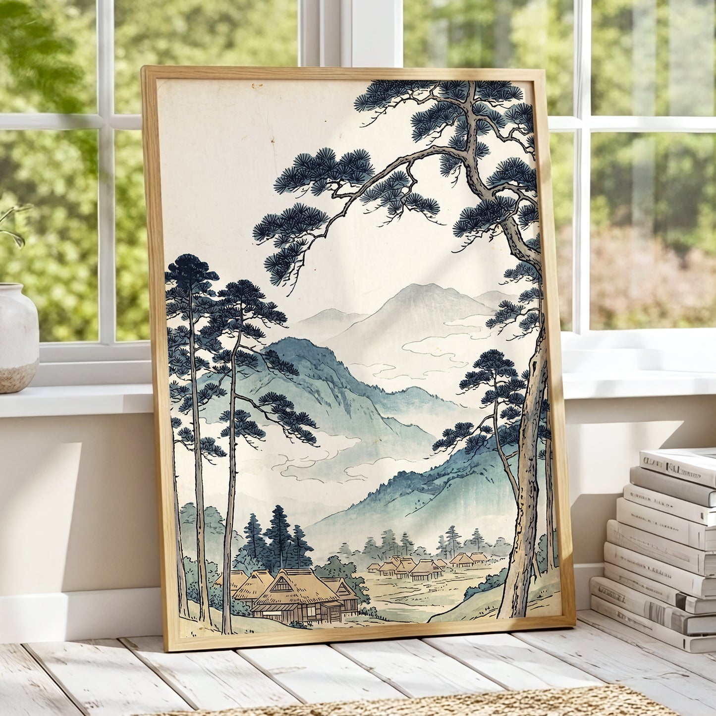 Roofs Beneath Blue Ridges, blue, beige, black nature wall art displayed in a styled interior, gallery view 2