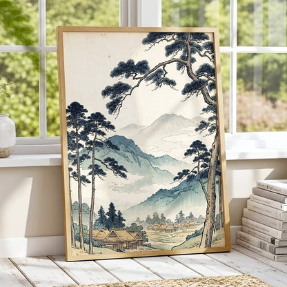 Roofs Beneath Blue Ridges, blue, beige, black nature wall art displayed in a styled interior, gallery view 2