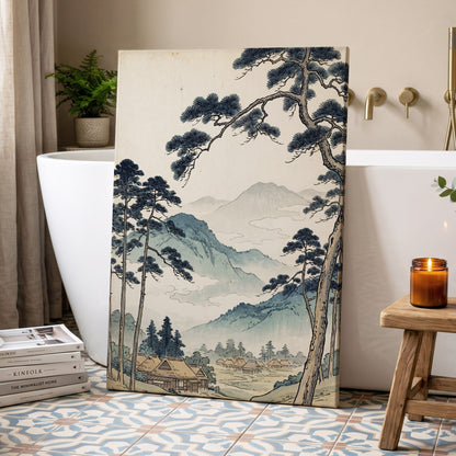 Roofs Beneath Blue Ridges, blue, beige, black nature wall art displayed in a styled interior, gallery view 3